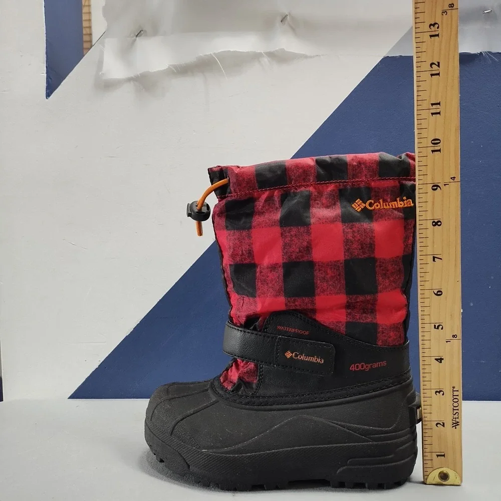 Columbia Powderbug Plus II Snow Boots Kids US 1 Red Black Checkered Waterproof